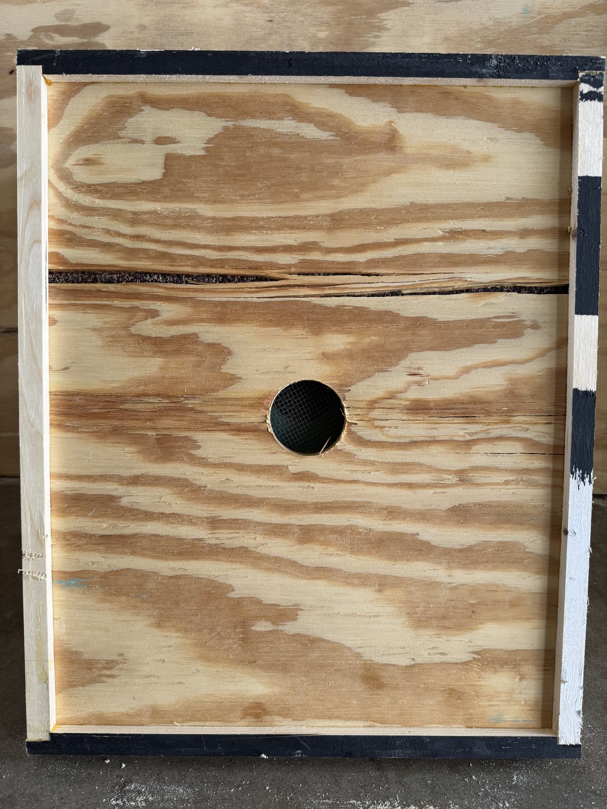 Locally built 10-frame Quebec-style bee escape board showing the solid side and round opening