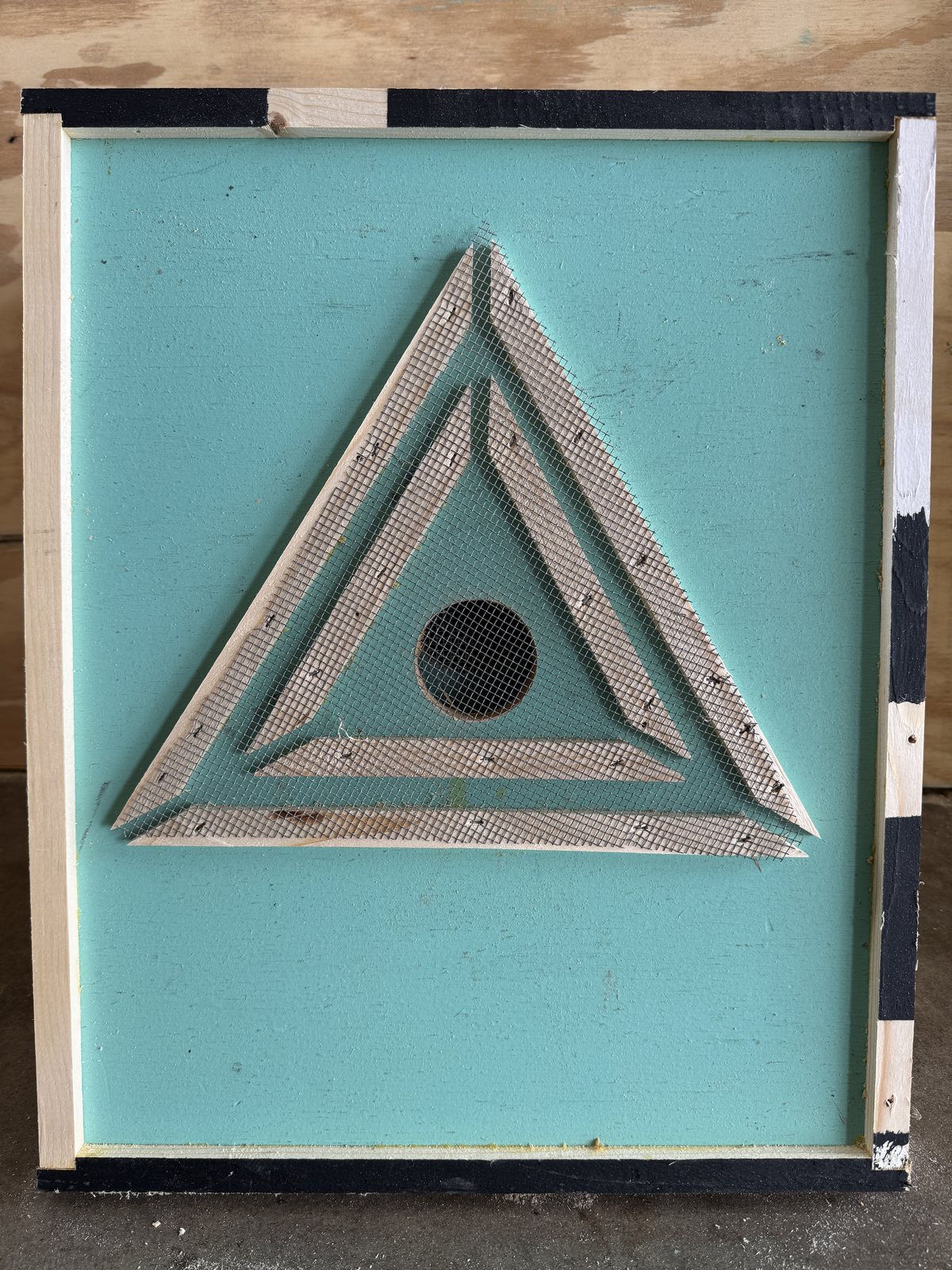 Quebec-style triangle bee escape layout mounted on a 10-frame board