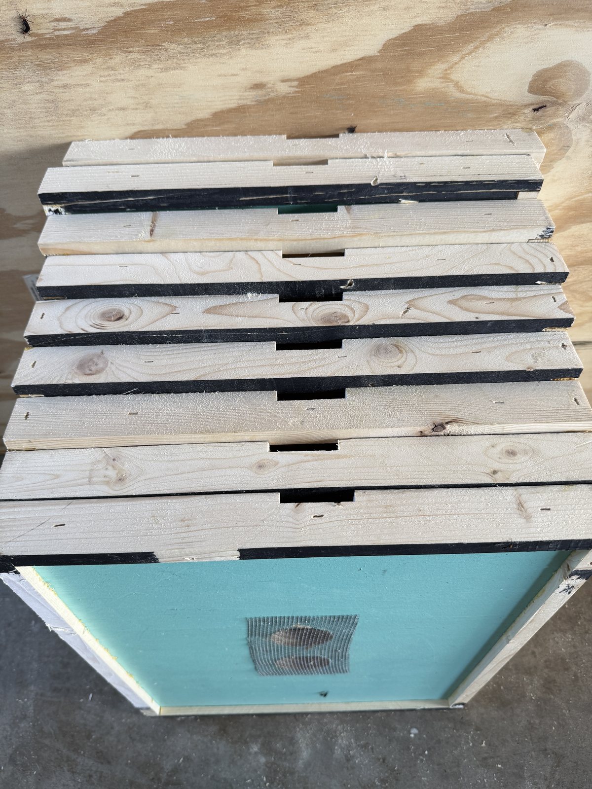 Close view of stacked 10-frame double screen boards showing entrance notches and screened openings